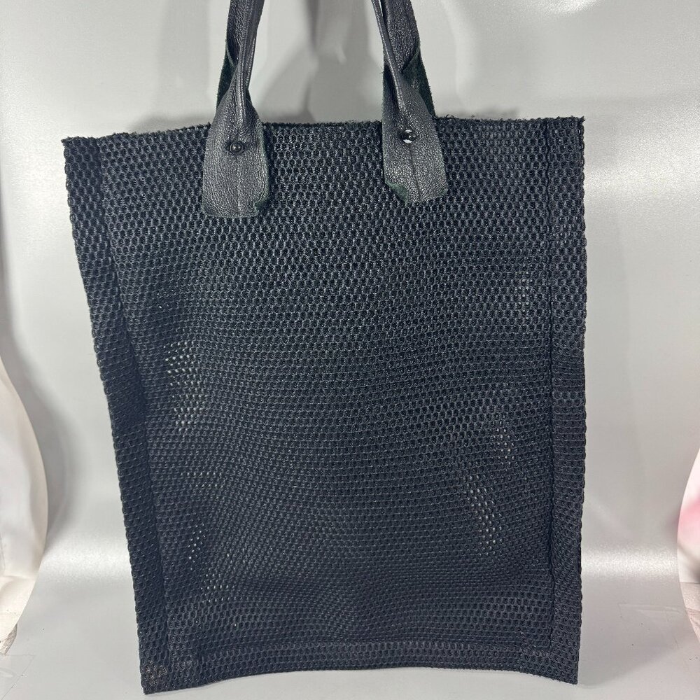 David Galan Black Mesh Material with Black Leather Straps Large Tote Bag